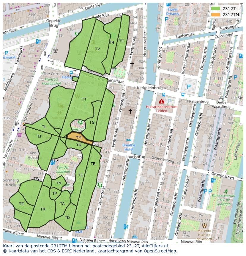 Afbeelding van het postcodegebied 2312 TM op de kaart.
