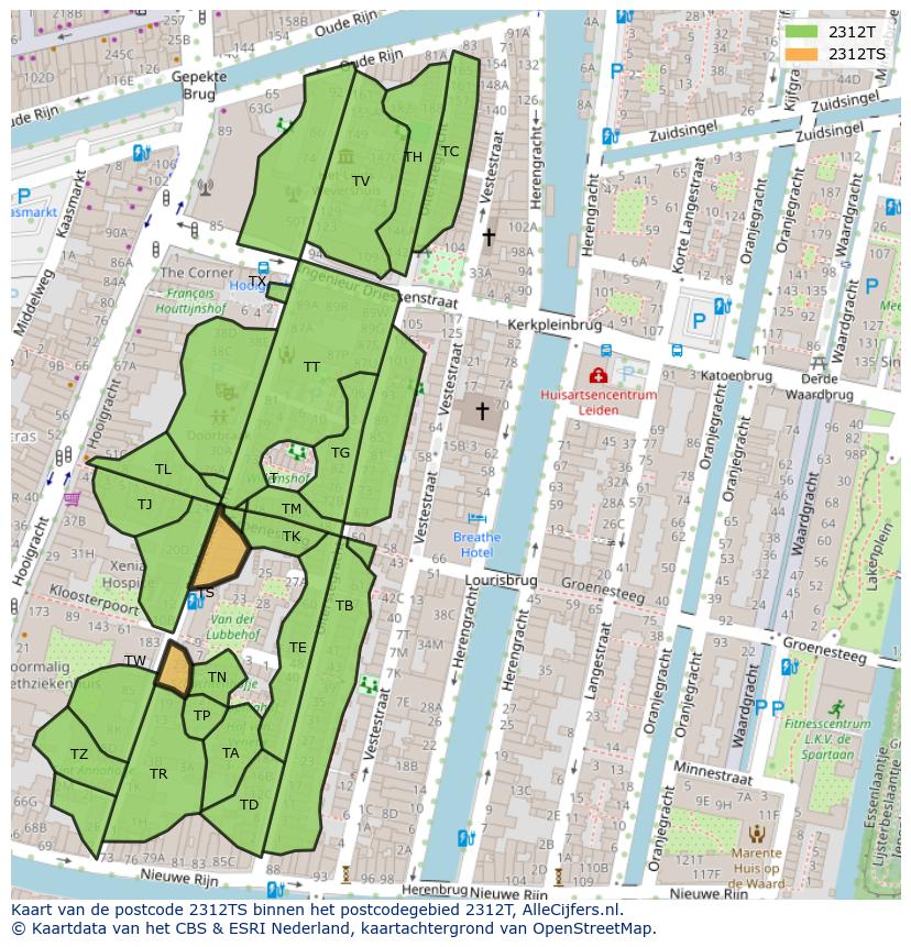 Afbeelding van het postcodegebied 2312 TS op de kaart.