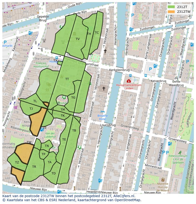 Afbeelding van het postcodegebied 2312 TW op de kaart.