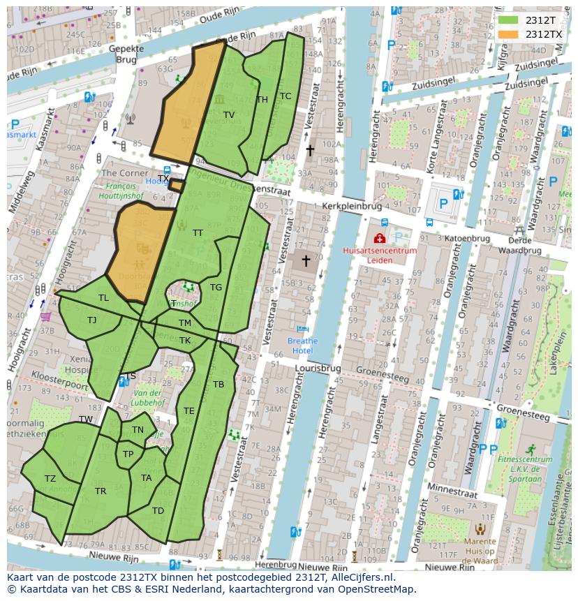 Afbeelding van het postcodegebied 2312 TX op de kaart.