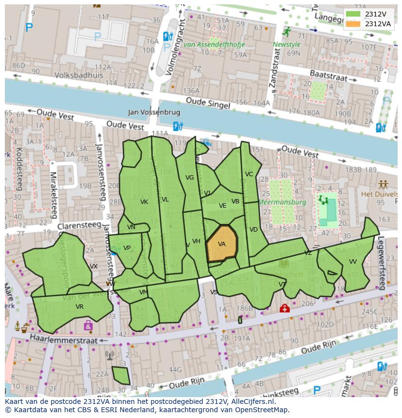 Afbeelding van het postcodegebied 2312 VA op de kaart.