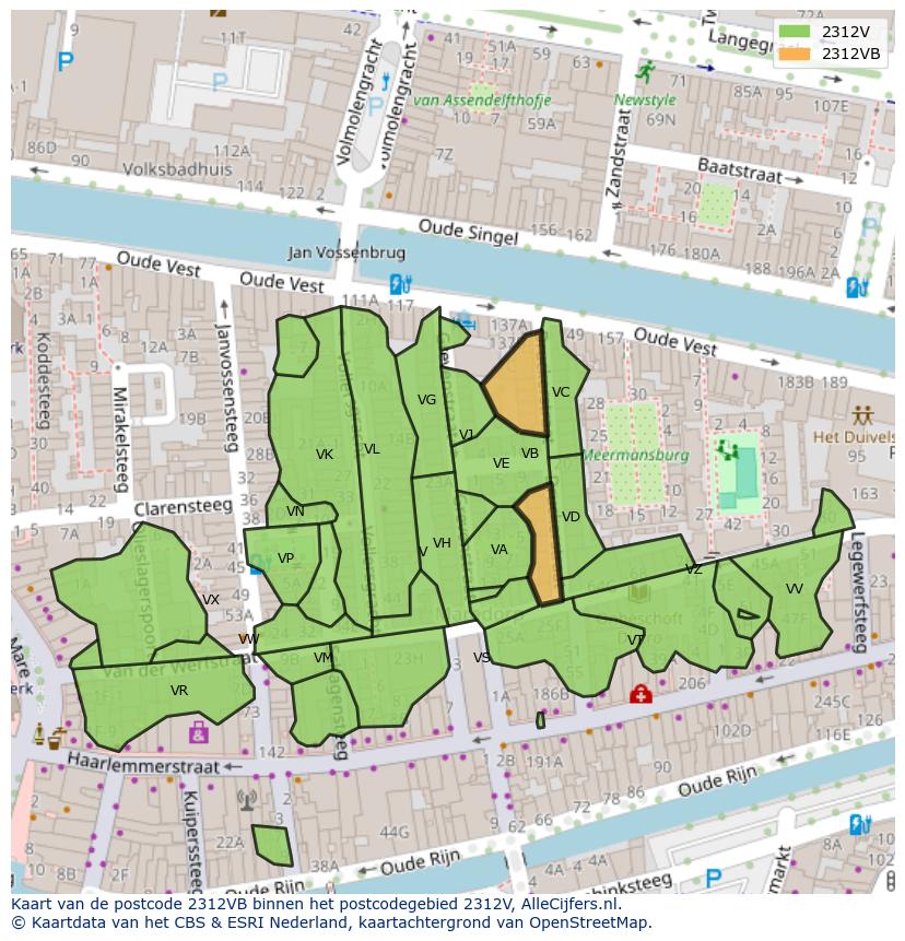 Afbeelding van het postcodegebied 2312 VB op de kaart.