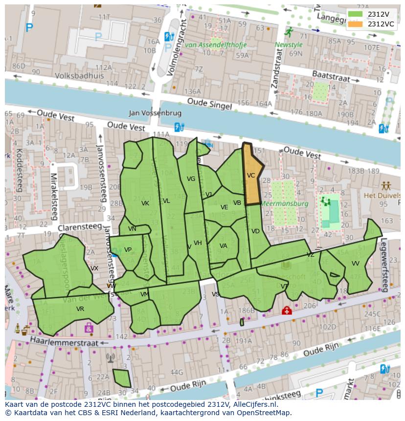 Afbeelding van het postcodegebied 2312 VC op de kaart.