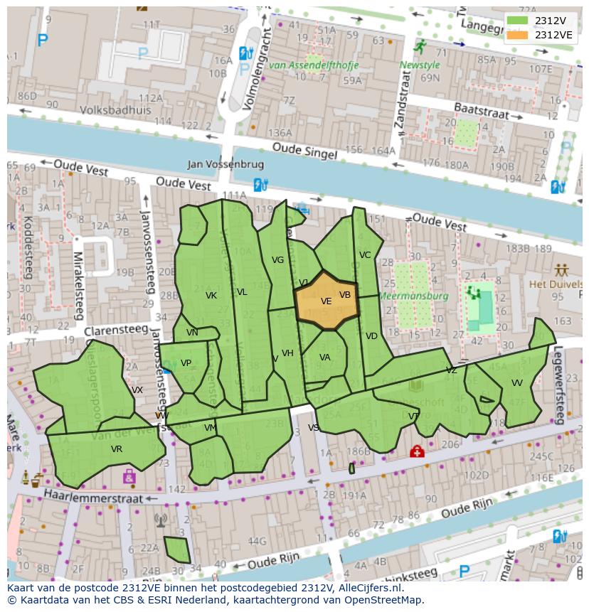 Afbeelding van het postcodegebied 2312 VE op de kaart.