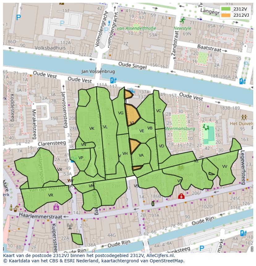 Afbeelding van het postcodegebied 2312 VJ op de kaart.