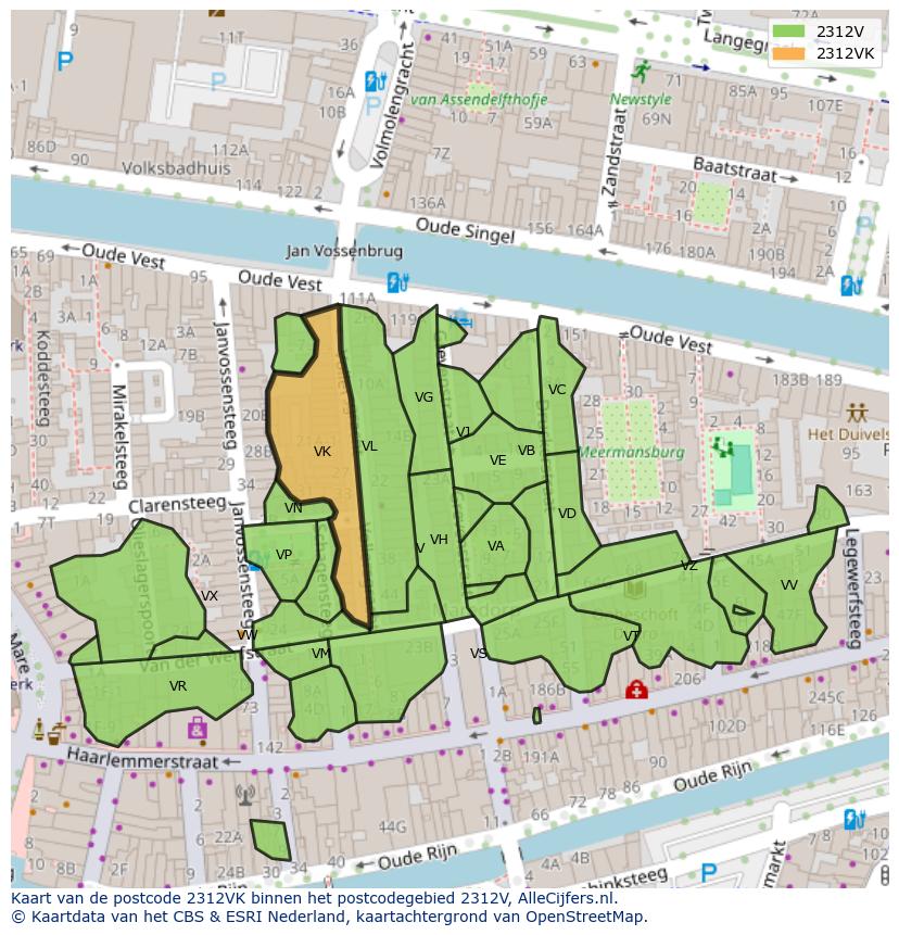 Afbeelding van het postcodegebied 2312 VK op de kaart.