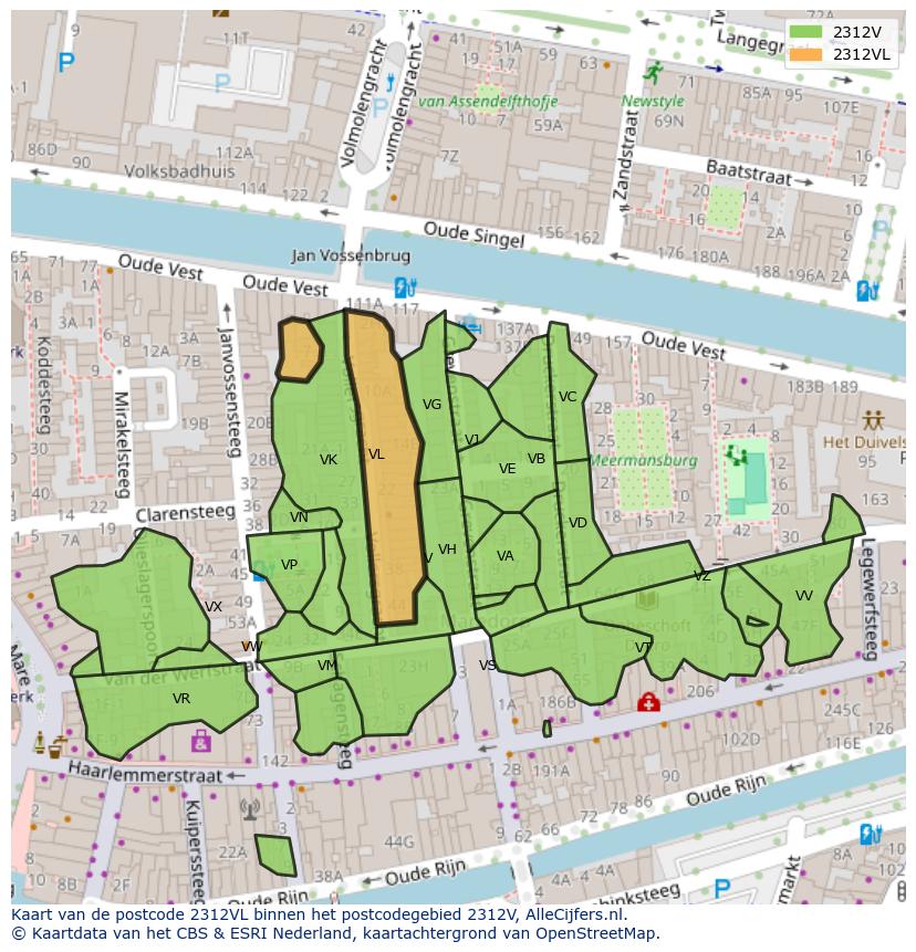 Afbeelding van het postcodegebied 2312 VL op de kaart.