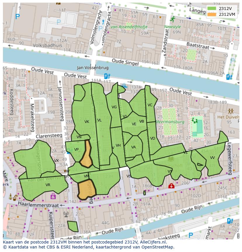Afbeelding van het postcodegebied 2312 VM op de kaart.