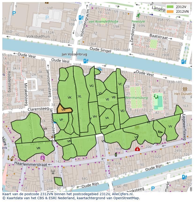 Afbeelding van het postcodegebied 2312 VN op de kaart.