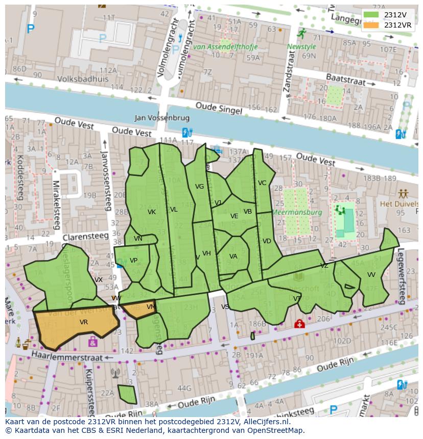 Afbeelding van het postcodegebied 2312 VR op de kaart.