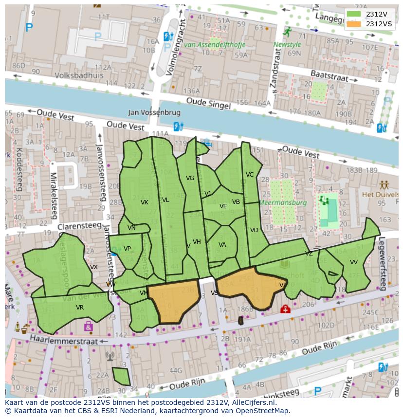 Afbeelding van het postcodegebied 2312 VS op de kaart.