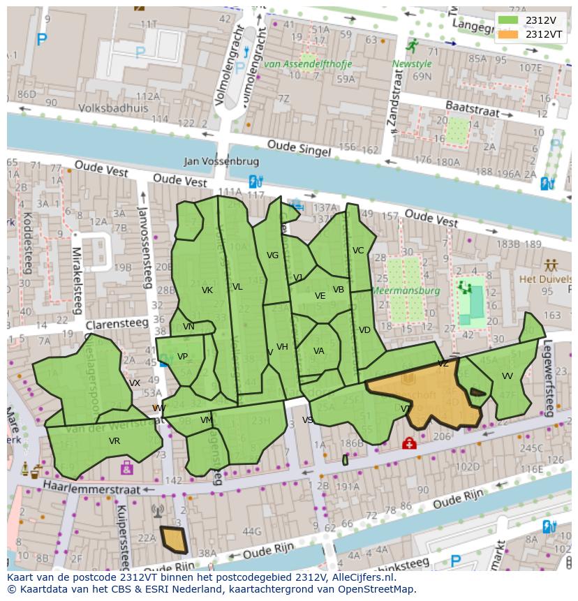 Afbeelding van het postcodegebied 2312 VT op de kaart.