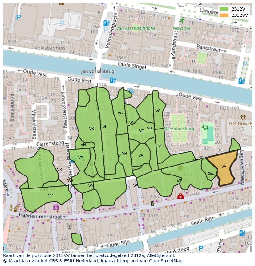 Afbeelding van het postcodegebied 2312 VV op de kaart.