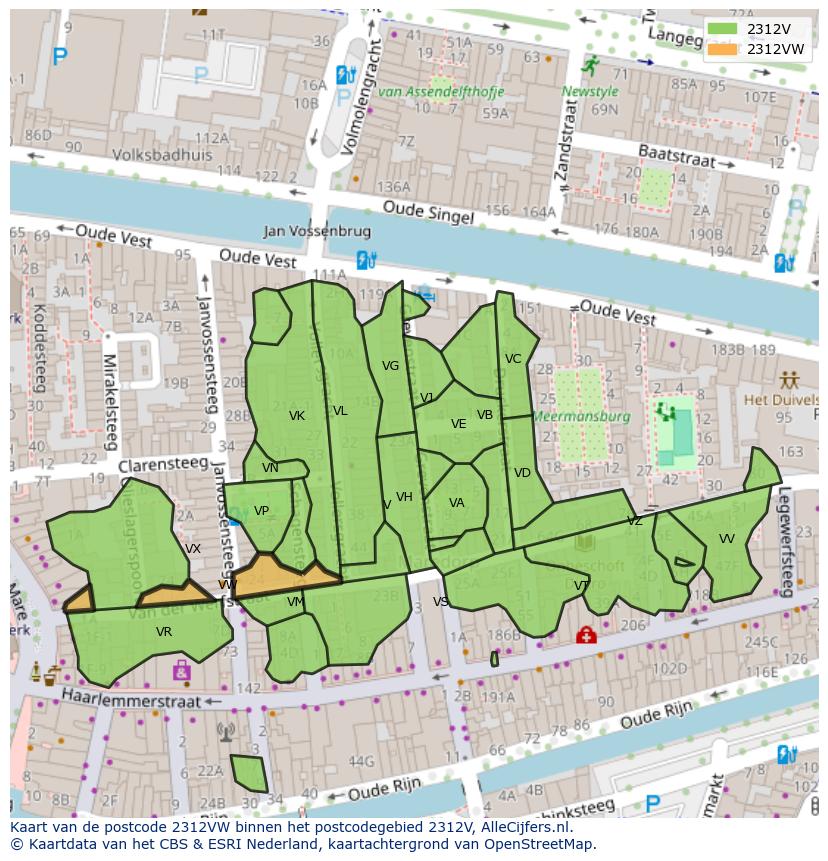 Afbeelding van het postcodegebied 2312 VW op de kaart.