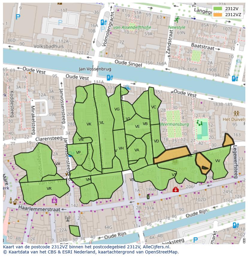 Afbeelding van het postcodegebied 2312 VZ op de kaart.