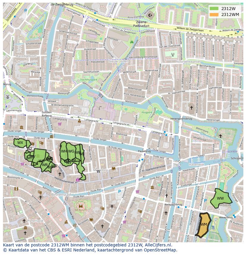 Afbeelding van het postcodegebied 2312 WM op de kaart.