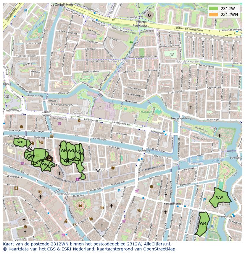 Afbeelding van het postcodegebied 2312 WN op de kaart.