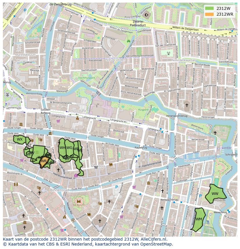 Afbeelding van het postcodegebied 2312 WR op de kaart.