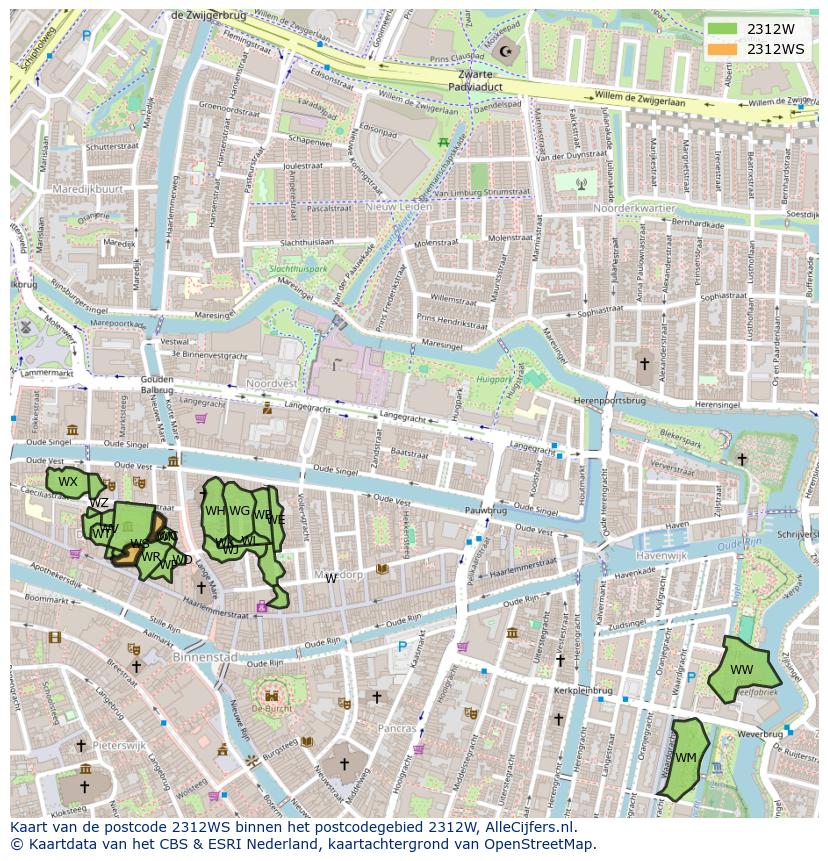 Afbeelding van het postcodegebied 2312 WS op de kaart.