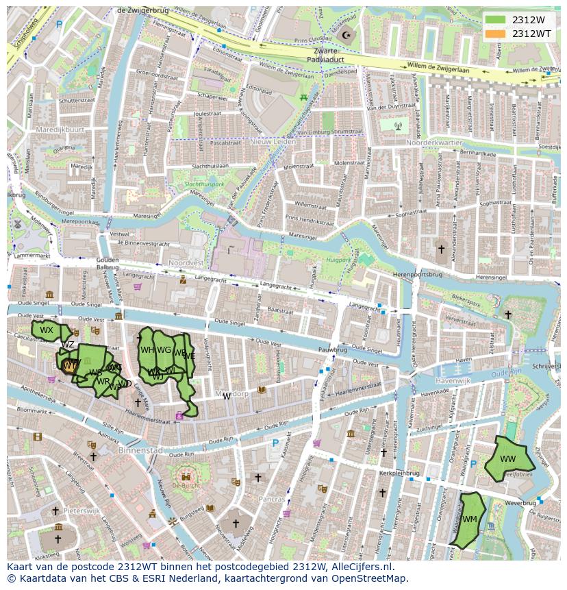 Afbeelding van het postcodegebied 2312 WT op de kaart.