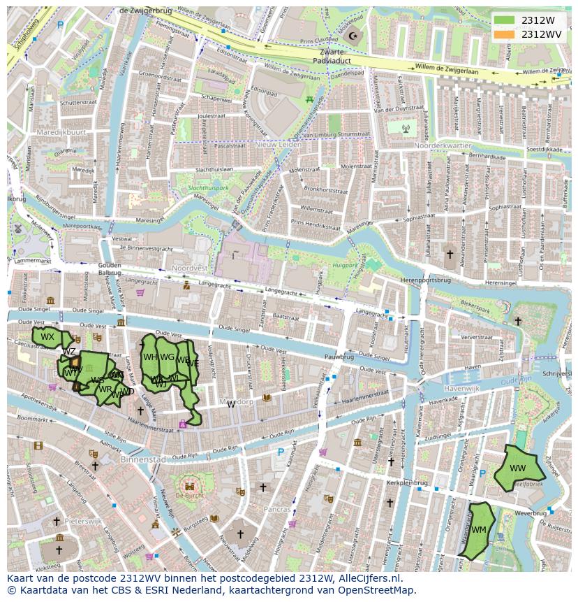 Afbeelding van het postcodegebied 2312 WV op de kaart.