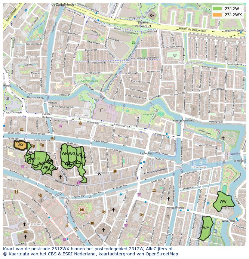 Afbeelding van het postcodegebied 2312 WX op de kaart.