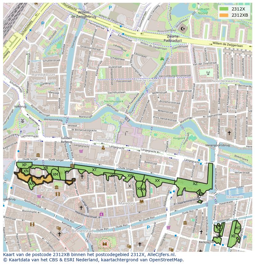 Afbeelding van het postcodegebied 2312 XB op de kaart.