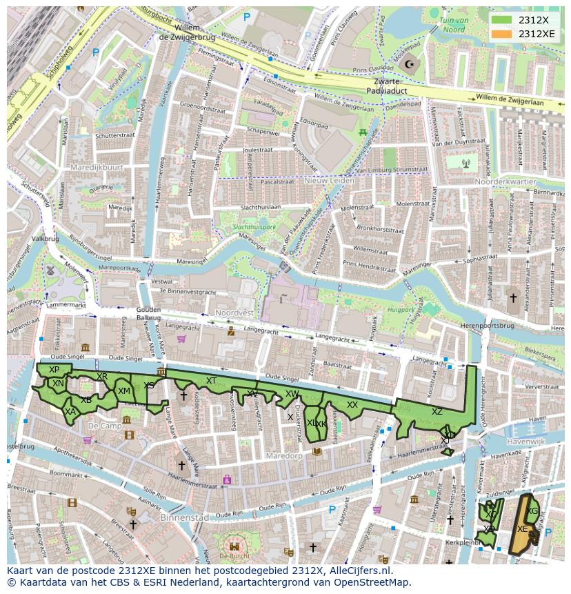 Afbeelding van het postcodegebied 2312 XE op de kaart.