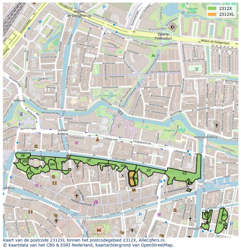 Afbeelding van het postcodegebied 2312 XL op de kaart.