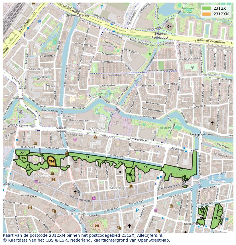 Afbeelding van het postcodegebied 2312 XM op de kaart.
