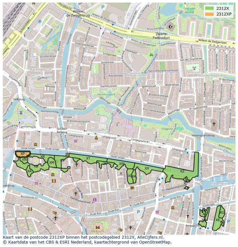Afbeelding van het postcodegebied 2312 XP op de kaart.