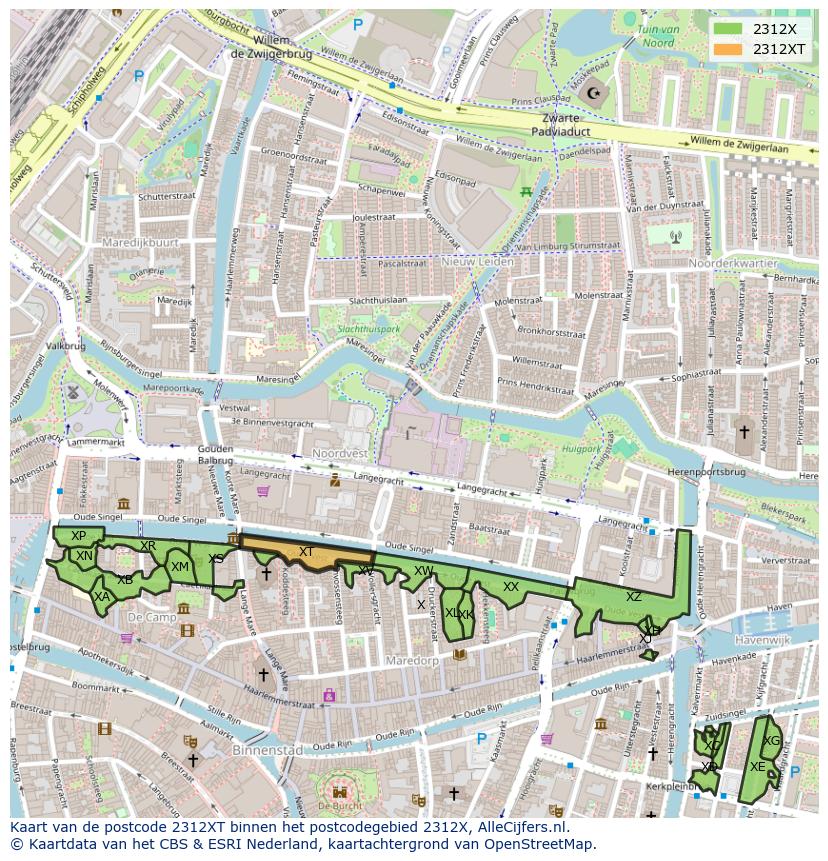 Afbeelding van het postcodegebied 2312 XT op de kaart.