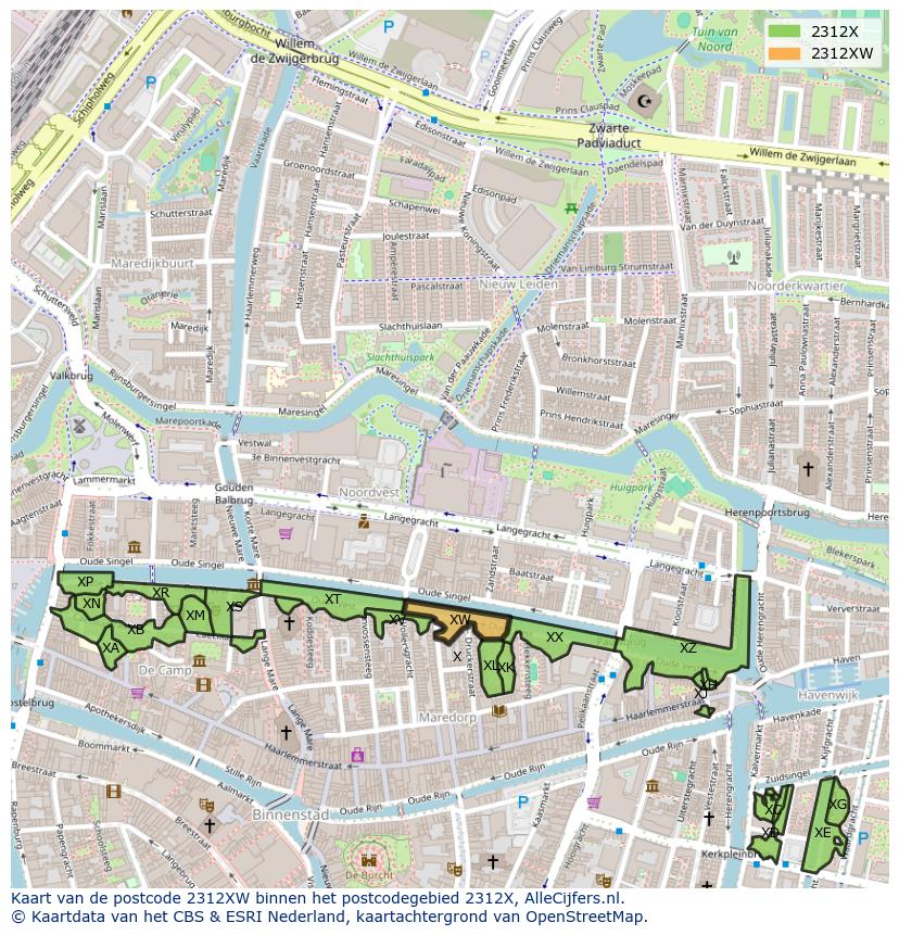 Afbeelding van het postcodegebied 2312 XW op de kaart.