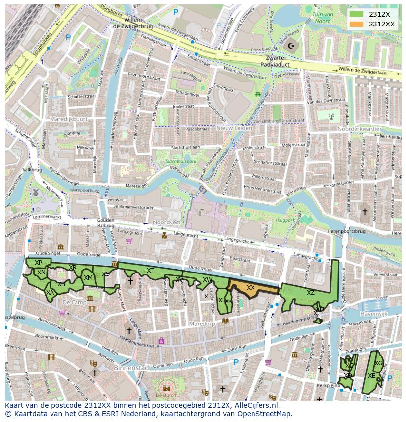 Afbeelding van het postcodegebied 2312 XX op de kaart.