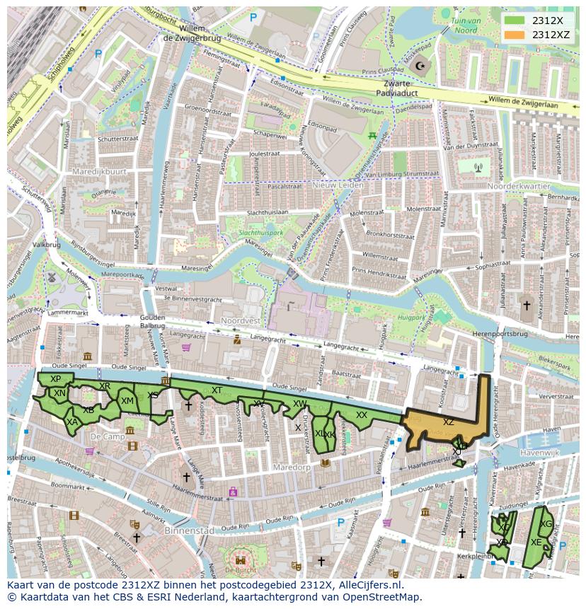 Afbeelding van het postcodegebied 2312 XZ op de kaart.