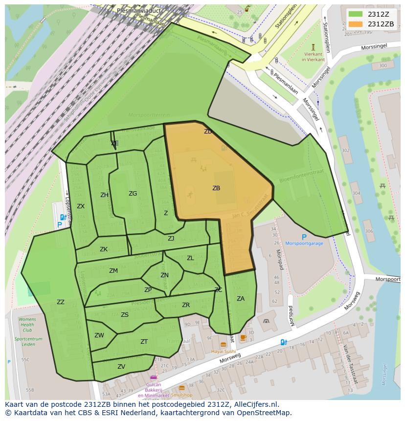Afbeelding van het postcodegebied 2312 ZB op de kaart.