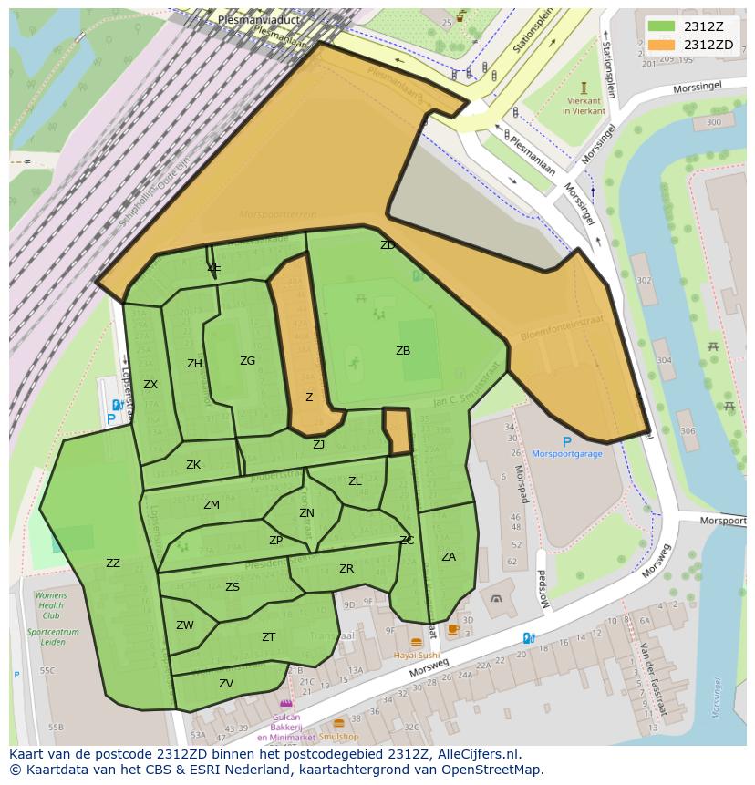 Afbeelding van het postcodegebied 2312 ZD op de kaart.