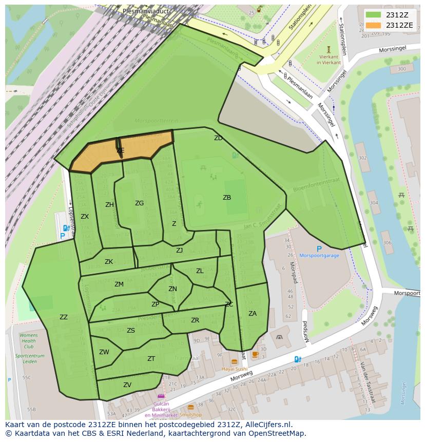 Afbeelding van het postcodegebied 2312 ZE op de kaart.