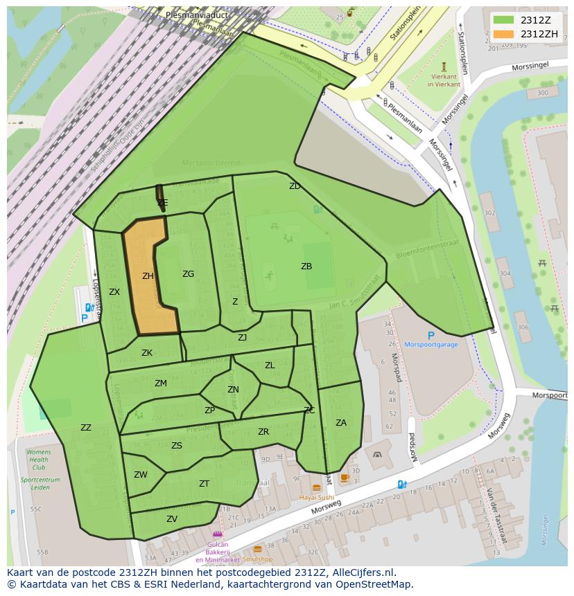 Afbeelding van het postcodegebied 2312 ZH op de kaart.