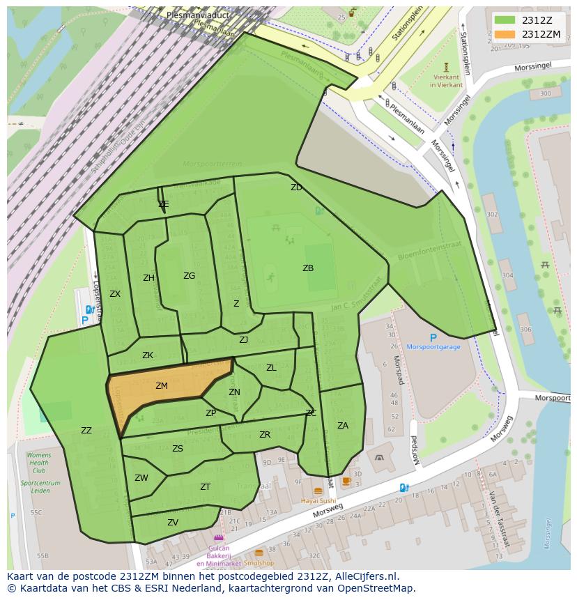 Afbeelding van het postcodegebied 2312 ZM op de kaart.