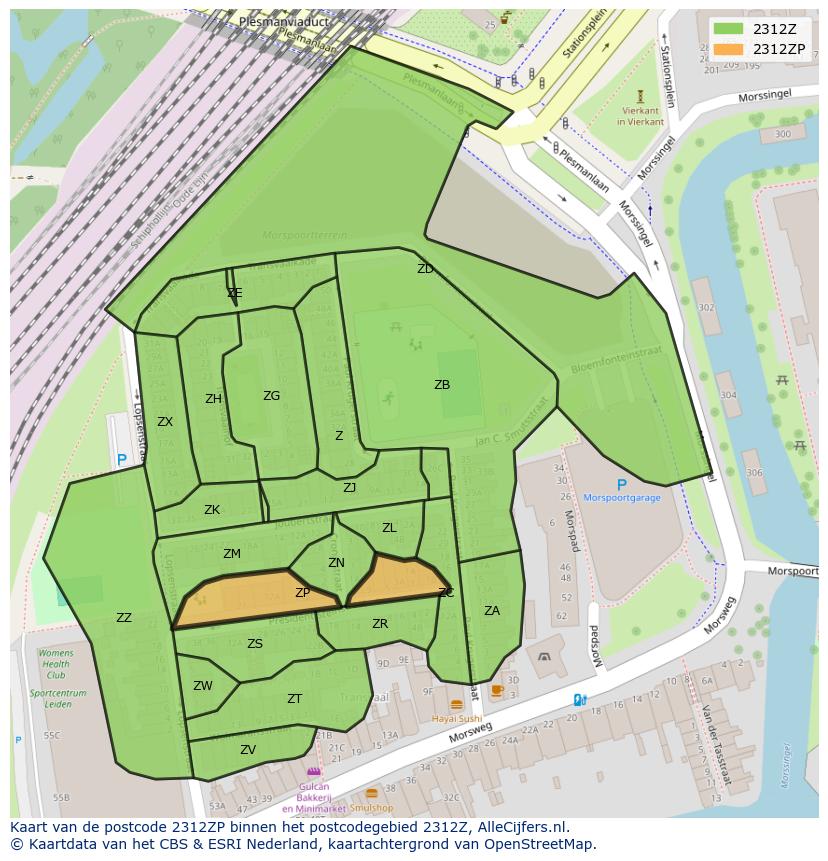 Afbeelding van het postcodegebied 2312 ZP op de kaart.