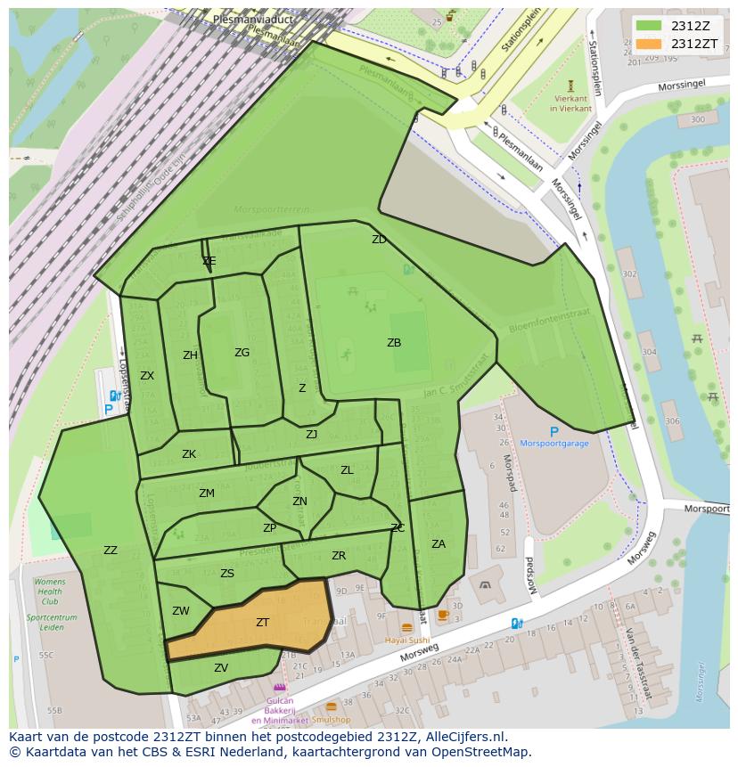 Afbeelding van het postcodegebied 2312 ZT op de kaart.