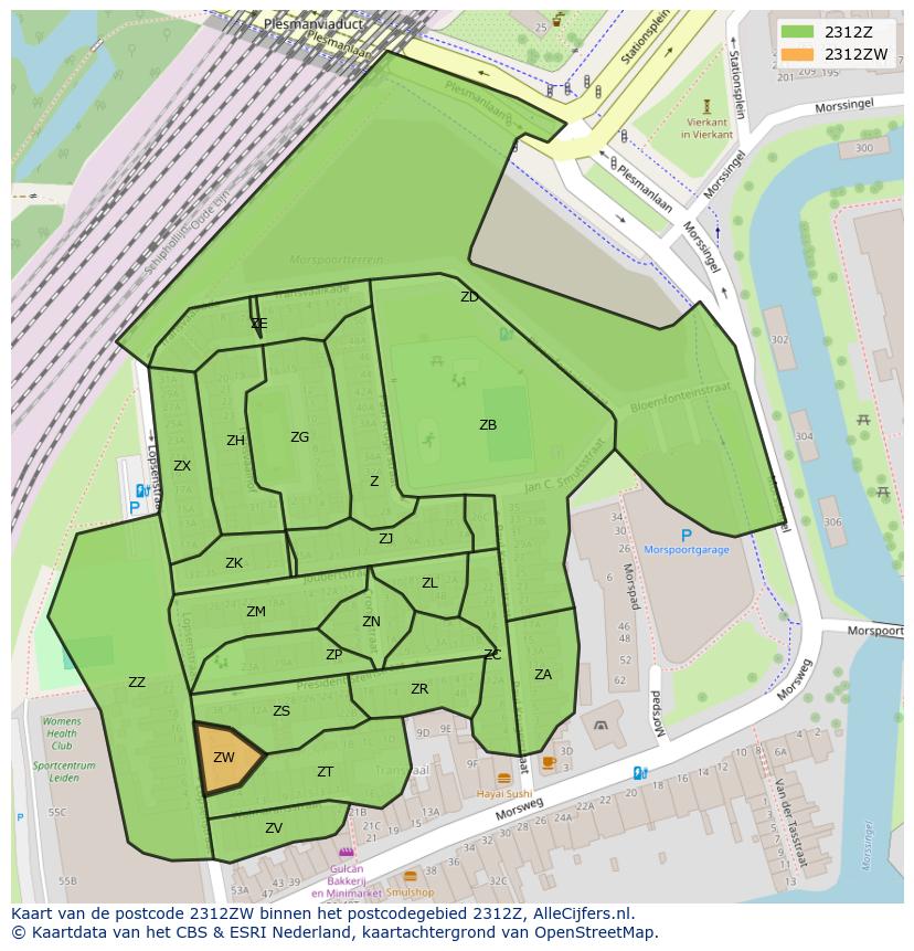 Afbeelding van het postcodegebied 2312 ZW op de kaart.