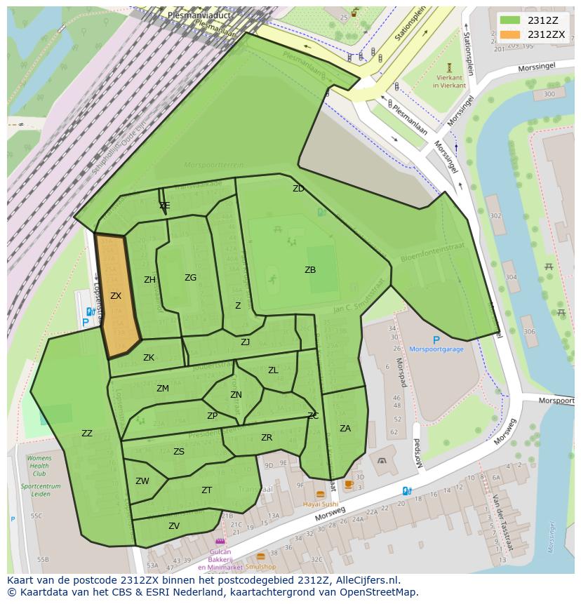 Afbeelding van het postcodegebied 2312 ZX op de kaart.
