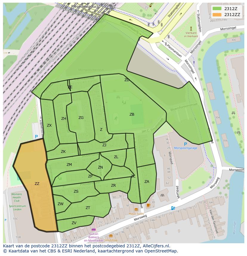 Afbeelding van het postcodegebied 2312 ZZ op de kaart.