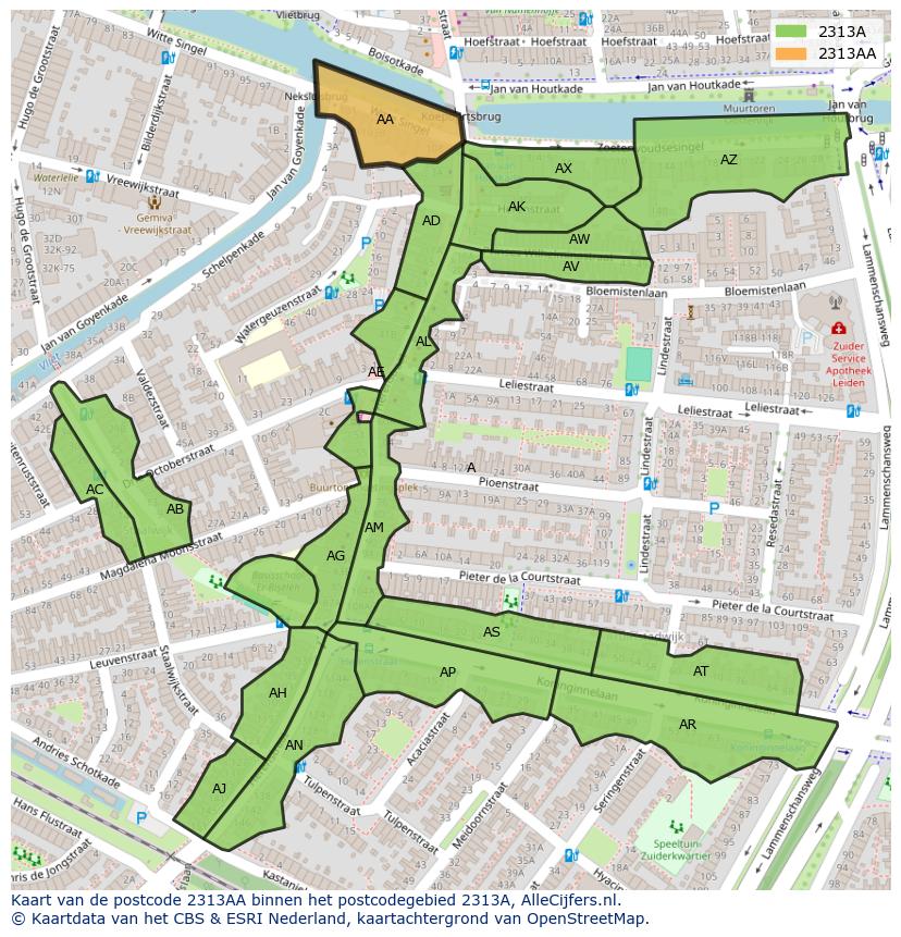 Afbeelding van het postcodegebied 2313 AA op de kaart.