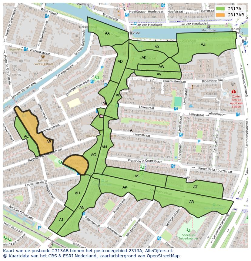 Afbeelding van het postcodegebied 2313 AB op de kaart.