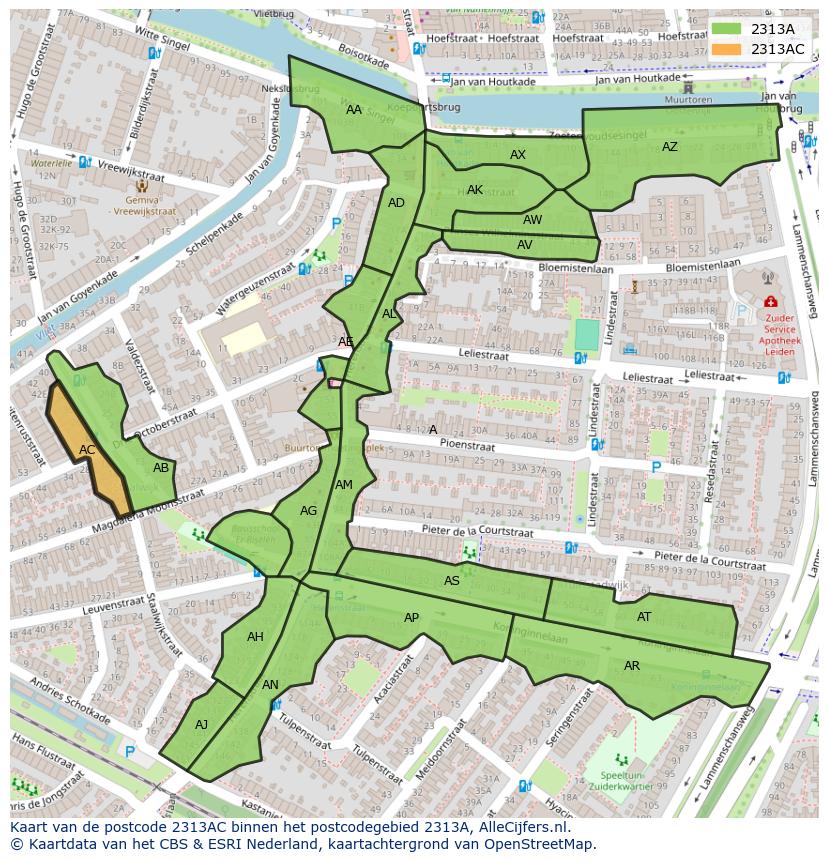 Afbeelding van het postcodegebied 2313 AC op de kaart.
