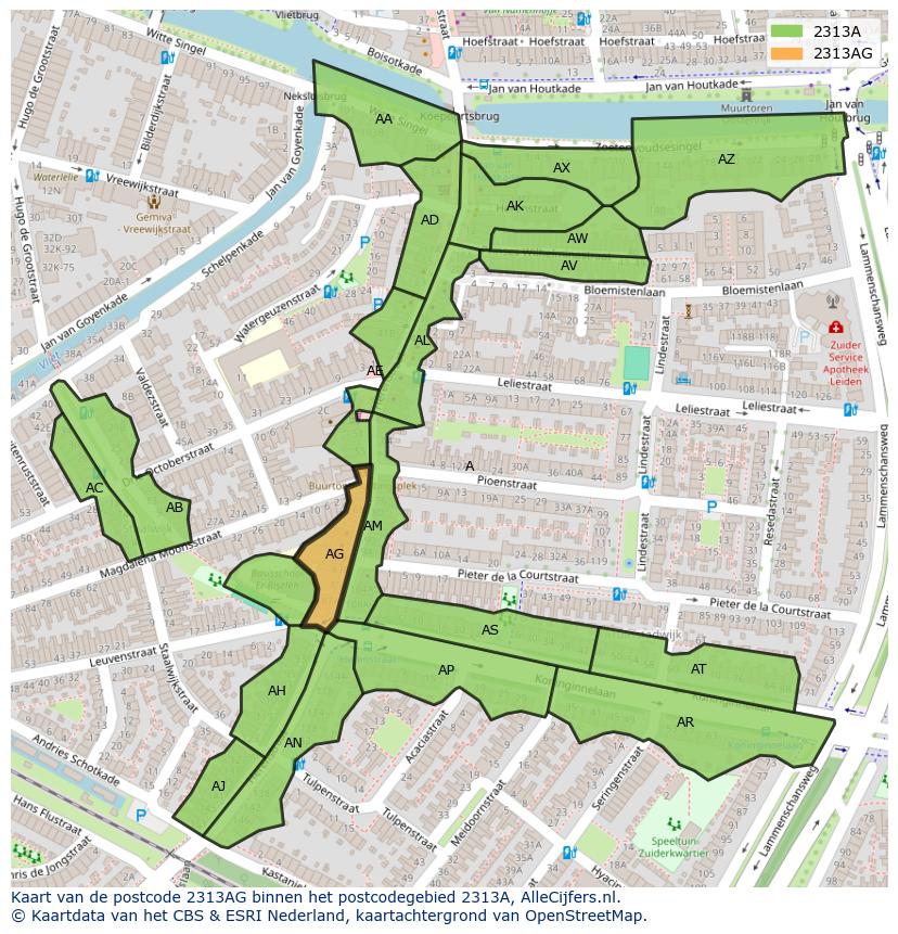 Afbeelding van het postcodegebied 2313 AG op de kaart.