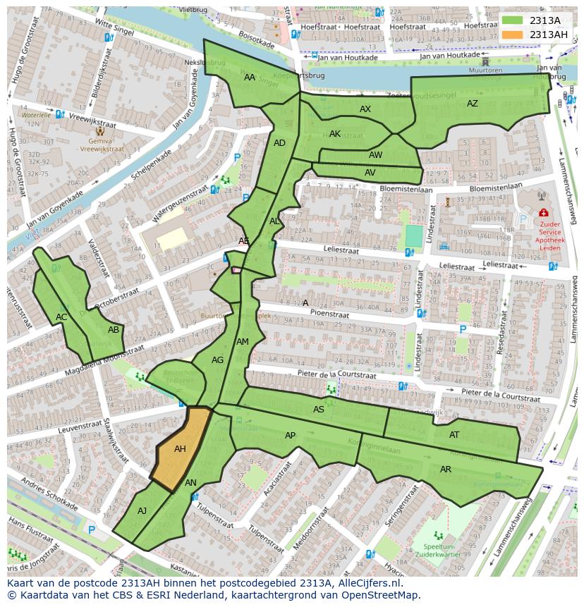 Afbeelding van het postcodegebied 2313 AH op de kaart.